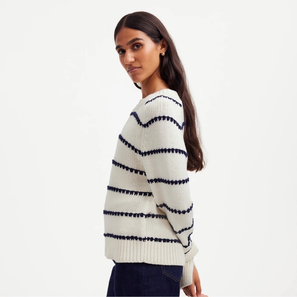 Madewell White and Navy Striped Long Sleeve Cotton Crewneck Sweater Size:M - Picture 3 of 12